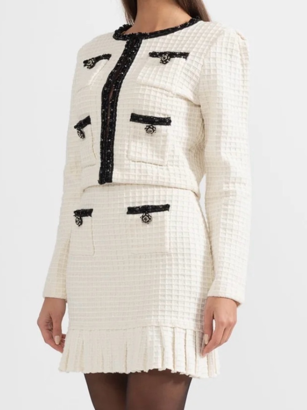 Sierra Darien Set Elegant Cream Tweed Cardigan and Skirt with Black Trim